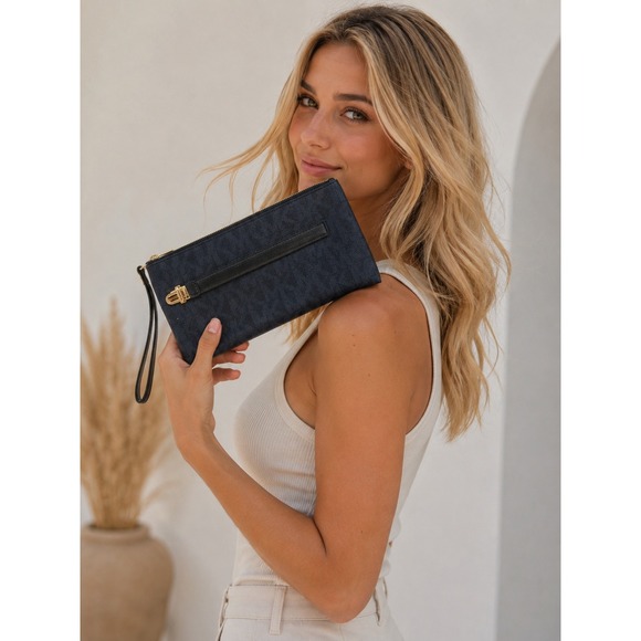 Michael Kors Handbags - Michael Kors Wristlet Navy Blue MK Monogram Coated Canvas Gold Hardware #1420